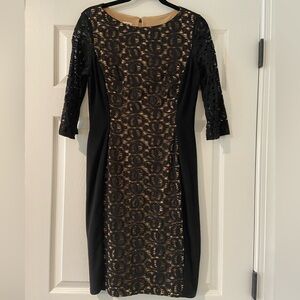 Anne Klein Black Designer 3/4 Sleeves Lace Front Midi Dress Size 6